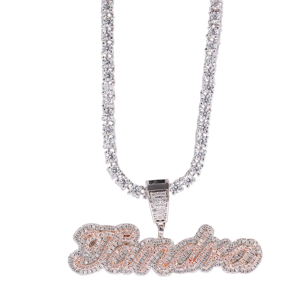 Fashion Hip hop Jewelry Bling Bling Iced Out Cuban Chain Name Necklace Custom Cursive font Personalized Letter pendant