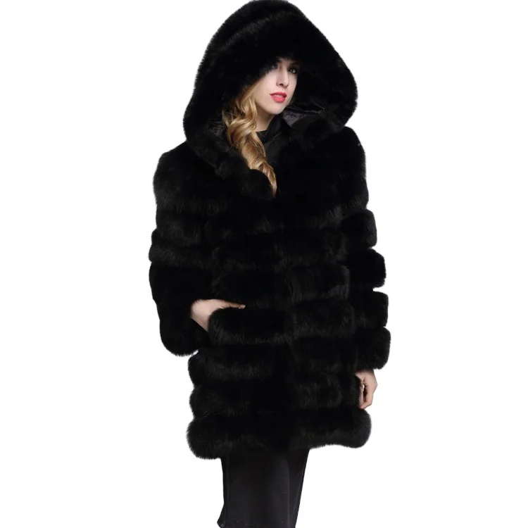 2022 Custom Design Pattern Logo Fashion Long Black Fur Coat Winter Women Faux Fox Fur Coat with Hood