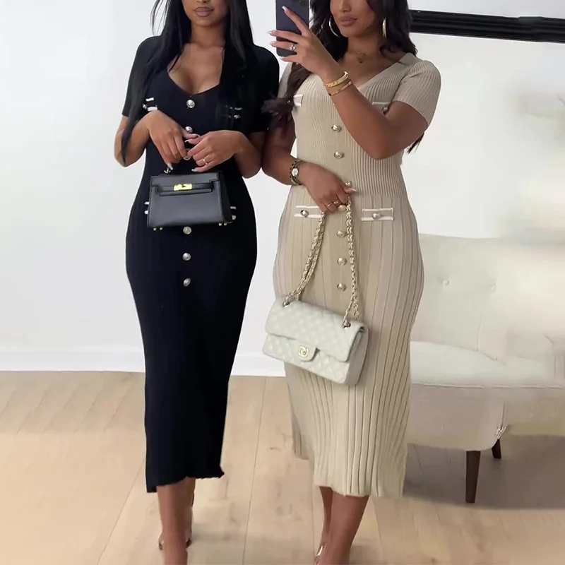 2024 Ladies Summer V-Neck Knit Short Sleeve Causal Dresses New Arrival Elegant Women V-neck Slim Knit Dress