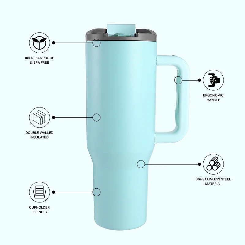 Everich Fashion Large Capacity Wide Mouth 40 oz Double Wall Insulated Tumbler For Running and Camping with Handle and Simple Lid