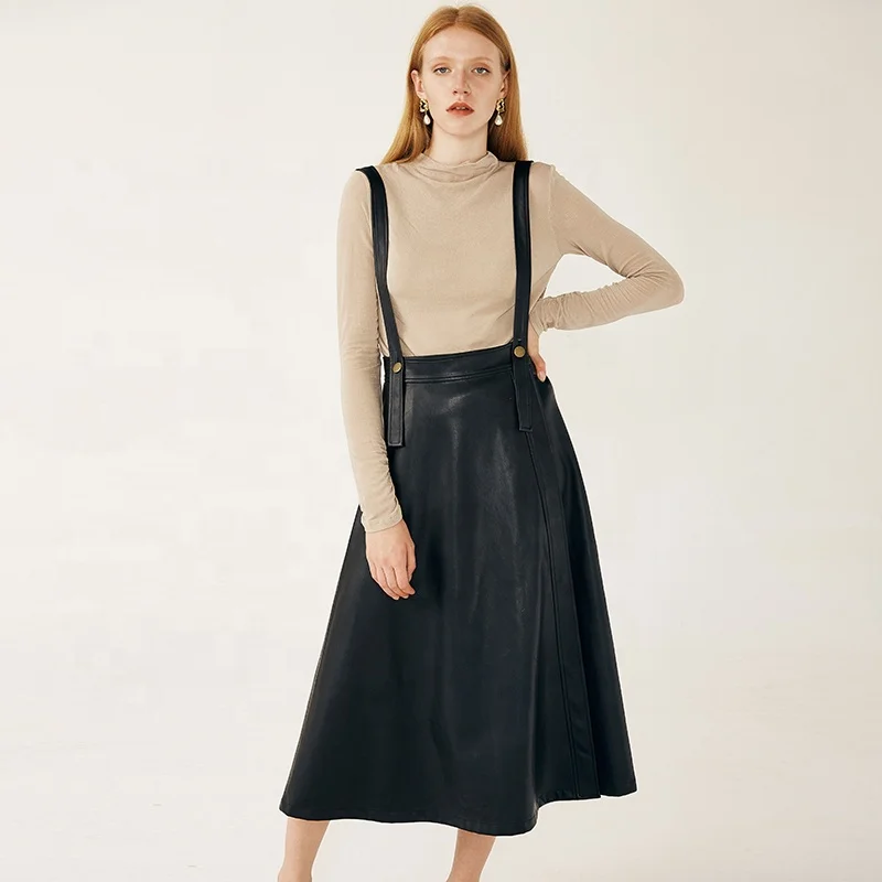 Женская длинная юбка из ПУ кожи черная Повседневная винтажная макси искусственной на подтяжках