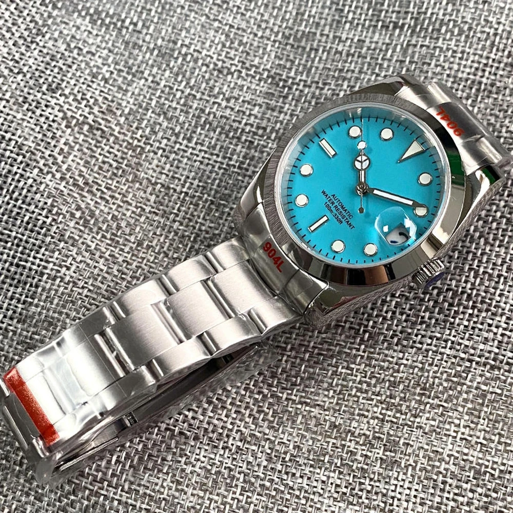 Flat Polish Bezel Ice Blue Out NH35 Mechanical Watch Men Custom logo Bracelet 36MM 39MM Business Wristwatch Lumed Clock