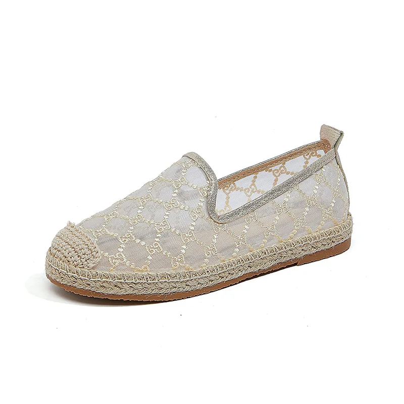 
2021 New style straw woven lace shoes breathable canvas cutout slacker shoes flat bottom hand-made hemp rope fisherman shoes 