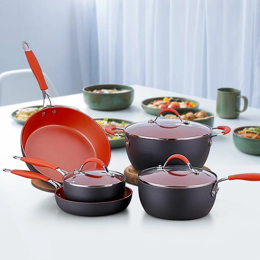 Pressed Ceramic 8pcs Hard Anodizing Copper Aluminum Cookware Set Non Stick Cooking Pots