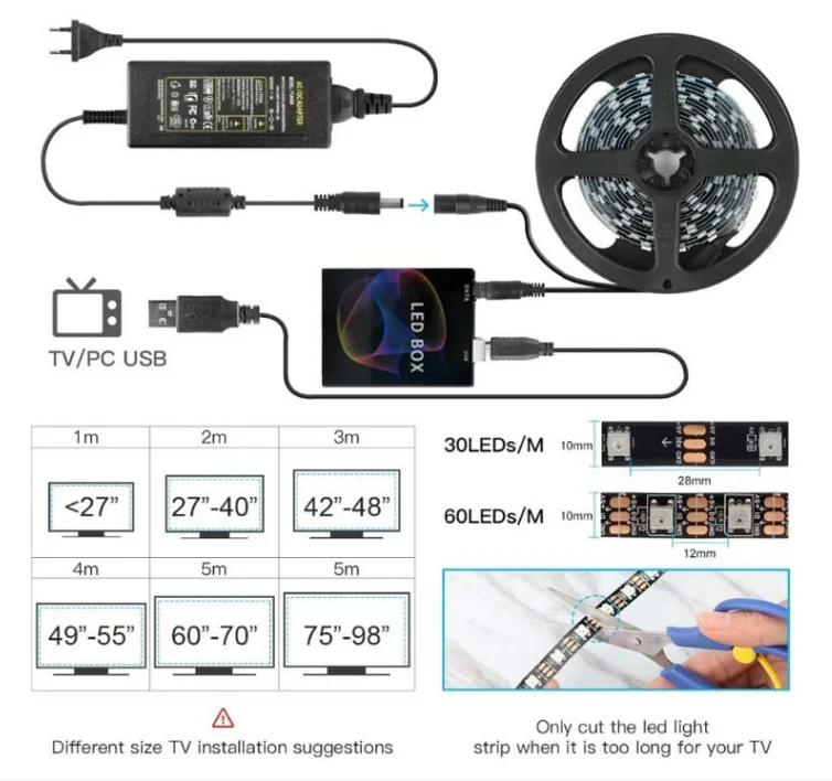 Black Background 60 RGB Ambi-box Kit 5V Sync PC Dream Screen USB WS2812 LED Strip TV Kit back light strip