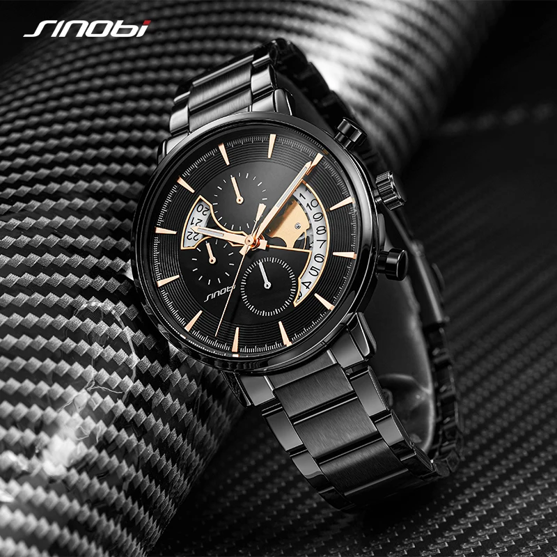  Sinobi Fashion Black Men Watch with Calendar Design Luxury Mens Wristwatch Chronograph Quartz Watches