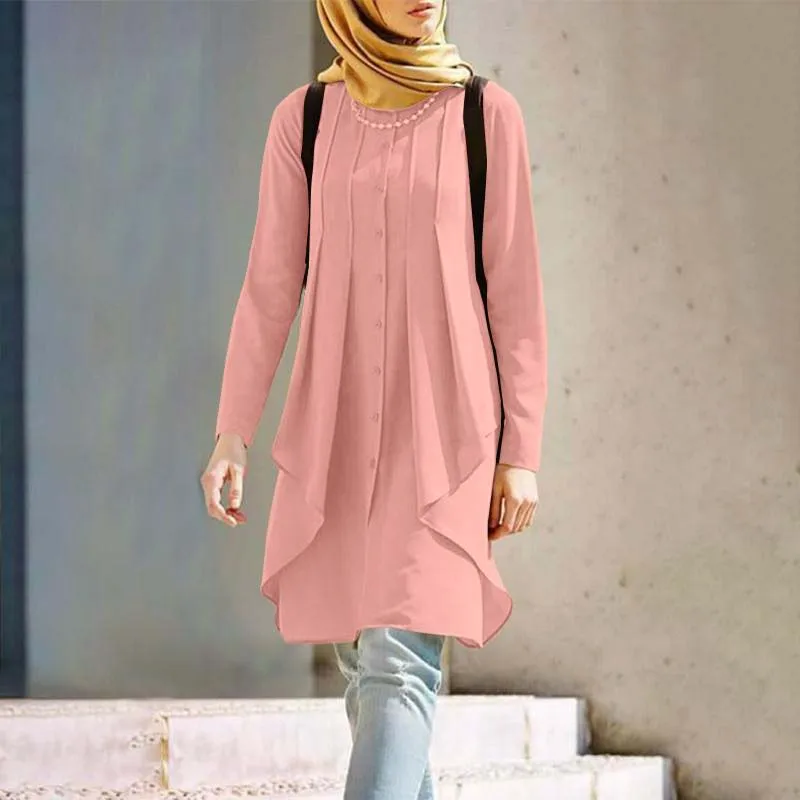 New trendy women elegant o neck long sleeve knee length fashion Retro long pink muslim ethnic clothing pleated turkey blouses
