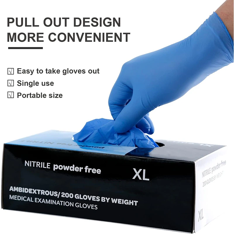 200Pcs Food Grade Medical Examination Blue Disposable Nitrile Gloves Powder Free Latex Free