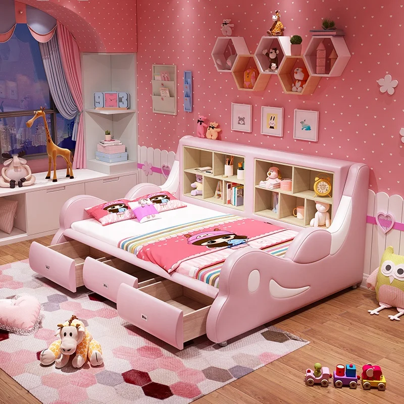 Modern Pink Double Multi-Functional Wood  Students Beds With Storage Area Sleeping Bed Frame For Girl Bedroom Children Bed