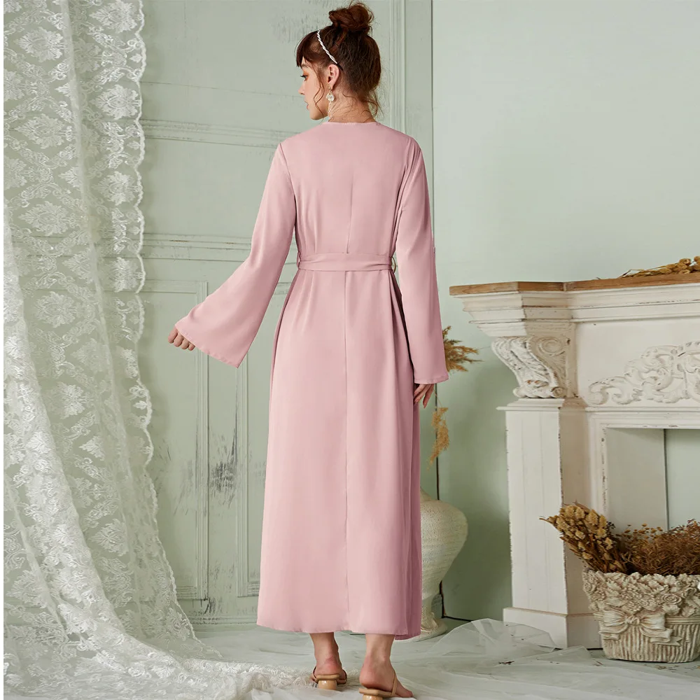 Mid East New Design Diamond Open Kimono Abaya For Muslim Girls Caftan Belt Long Sleeve Handmade 3d Floral Maxi Islamic Abaya