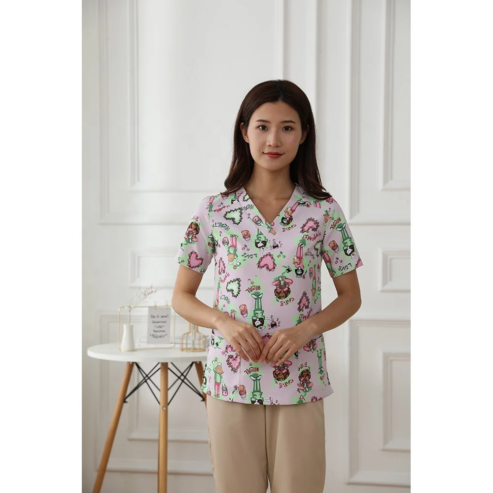 100% Cotton Women Printing Medical Scrub Suit Hospital Medical Scrubs Custom Doctor Uniforms Clinic Dentist Uniform with Logo