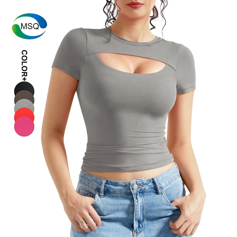 2024 New Breathable Quick-drying Women Sports Running Fitness Wear Sexy Hollow Short Sleeve Tight Crop Top Plain T-shirt