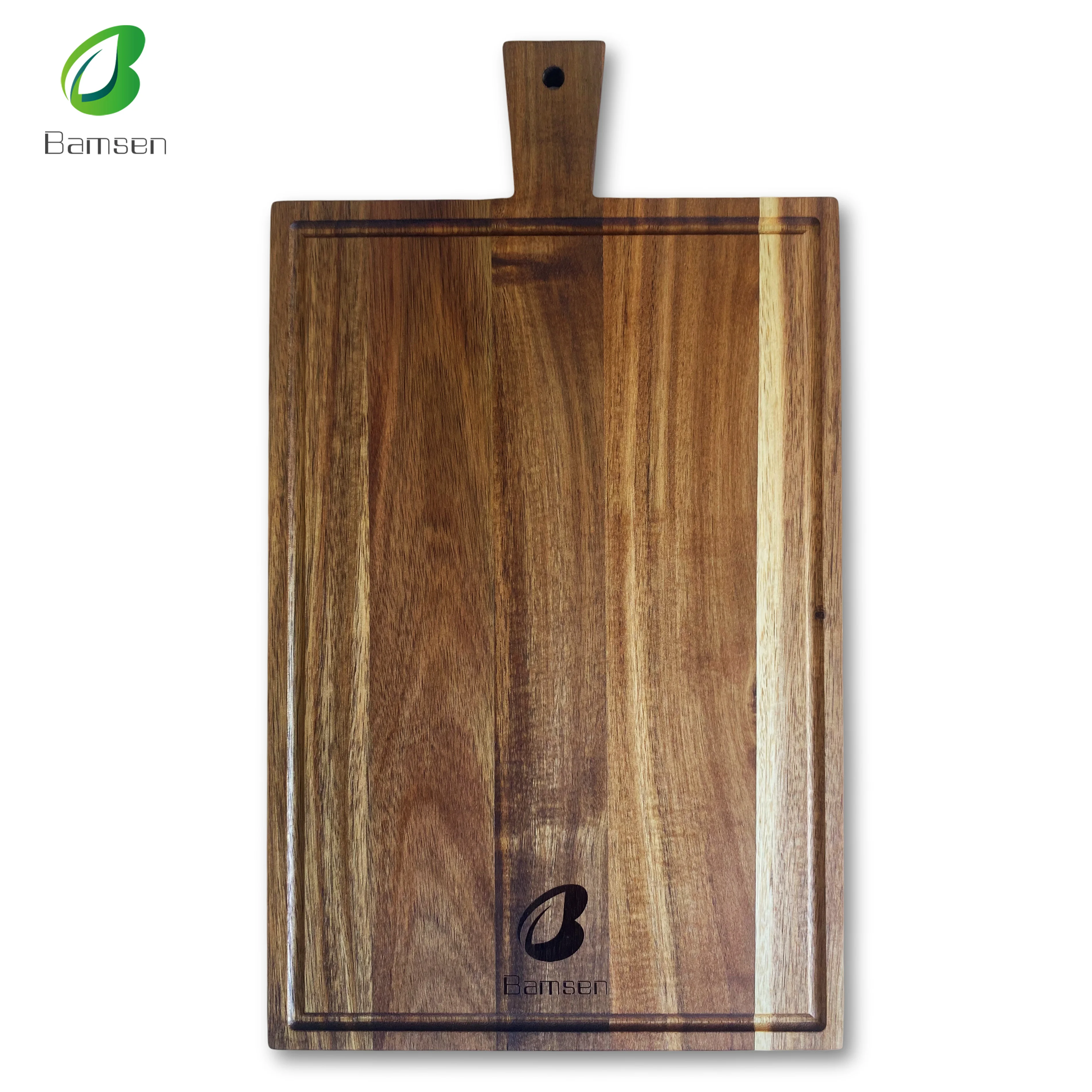 Luxury rectangular acacia wood serving board with handle customized laser LOGO wholesale cheese pizza tagliere