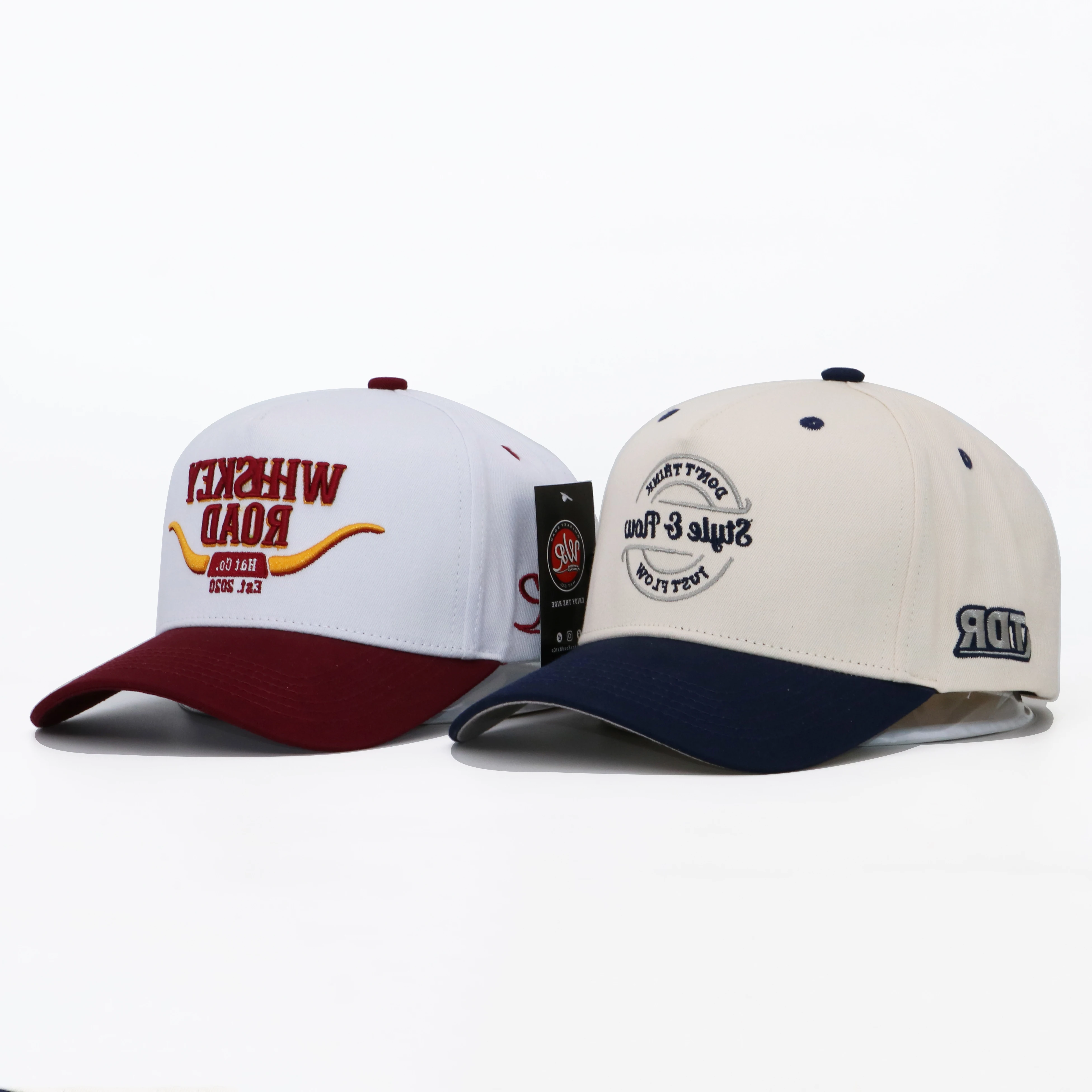 Wholesale High Quality Custom Logo 100% Cotton 3d Embroidered Youth Sport Two Tone 5 Panel Curved Brim Cotton Baseball Caps Hats