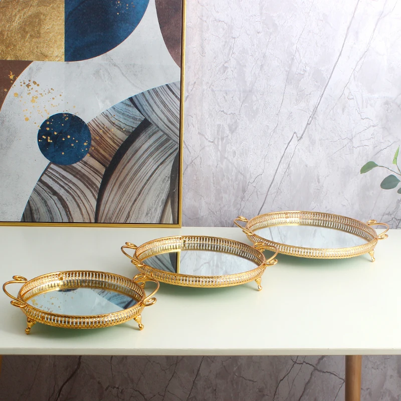 2024 Round Mirror Wedding Decorative Tray 3 Sizes Of European High-end Silver Wedding Metal Trays