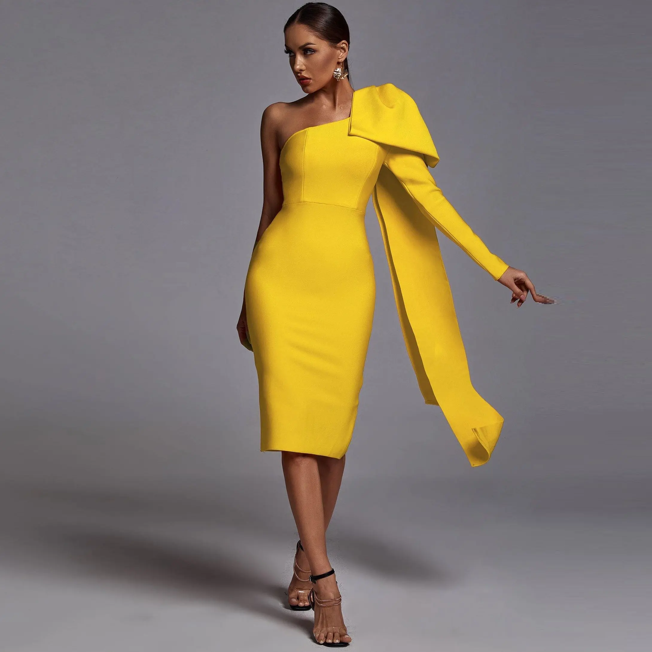 KI375 2022 New Spring Solid Bowknot Bandages Dresses For Women Evening One Shoulder Sexy Club Party Bodycon Dress