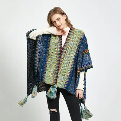 
 Женская накидка, шарф, плащ, зимняя плотная и элегантная шаль в народном стиле, вязаный шарф с кисточками для двух целей  