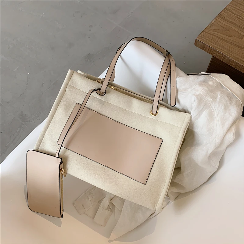 
STABILE new arrive women tote canvas bag high quality tote bag leather handle with PU change pocket 