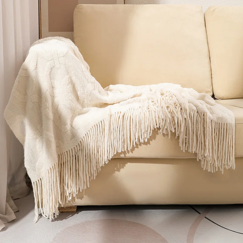 American Style Solid Color Acrylic Jacquard Throw Blanket With Tasseled Edge Soft Warm Decorative Knitting Blanket For Sofa