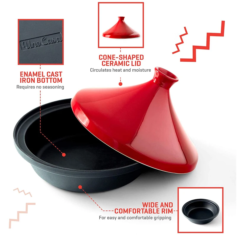 Красная чугунная Марокканская тагина, 4 кварты, эмалированная подставка и конусная керамическая крышка для выпечки, жарки, духовки, кухонные принадлежности