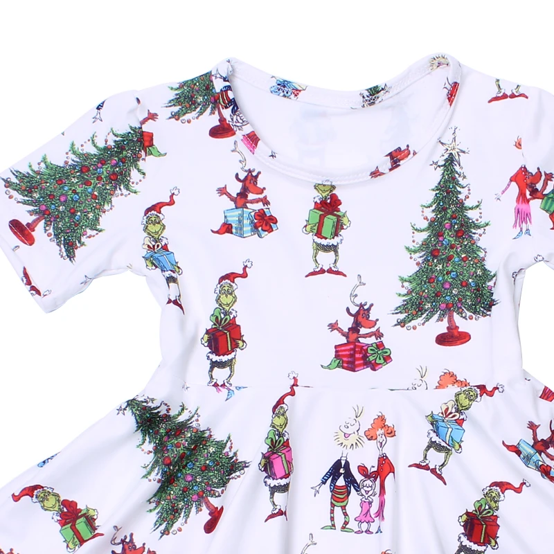 Kids wear with discount korean kids clothes Christmas cartoon milk silk dress with short sleeve girl twirl dress for party