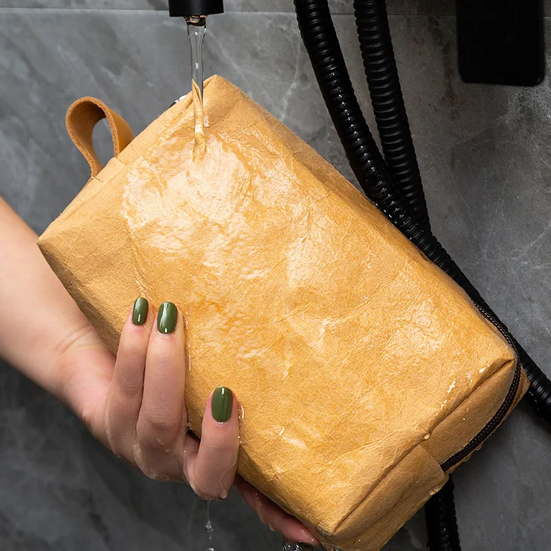 Custom logo retro ecofriendly recyclable DuPont paper travel cosmetic bags vintage brown washable kraft paper makeup zipper bag