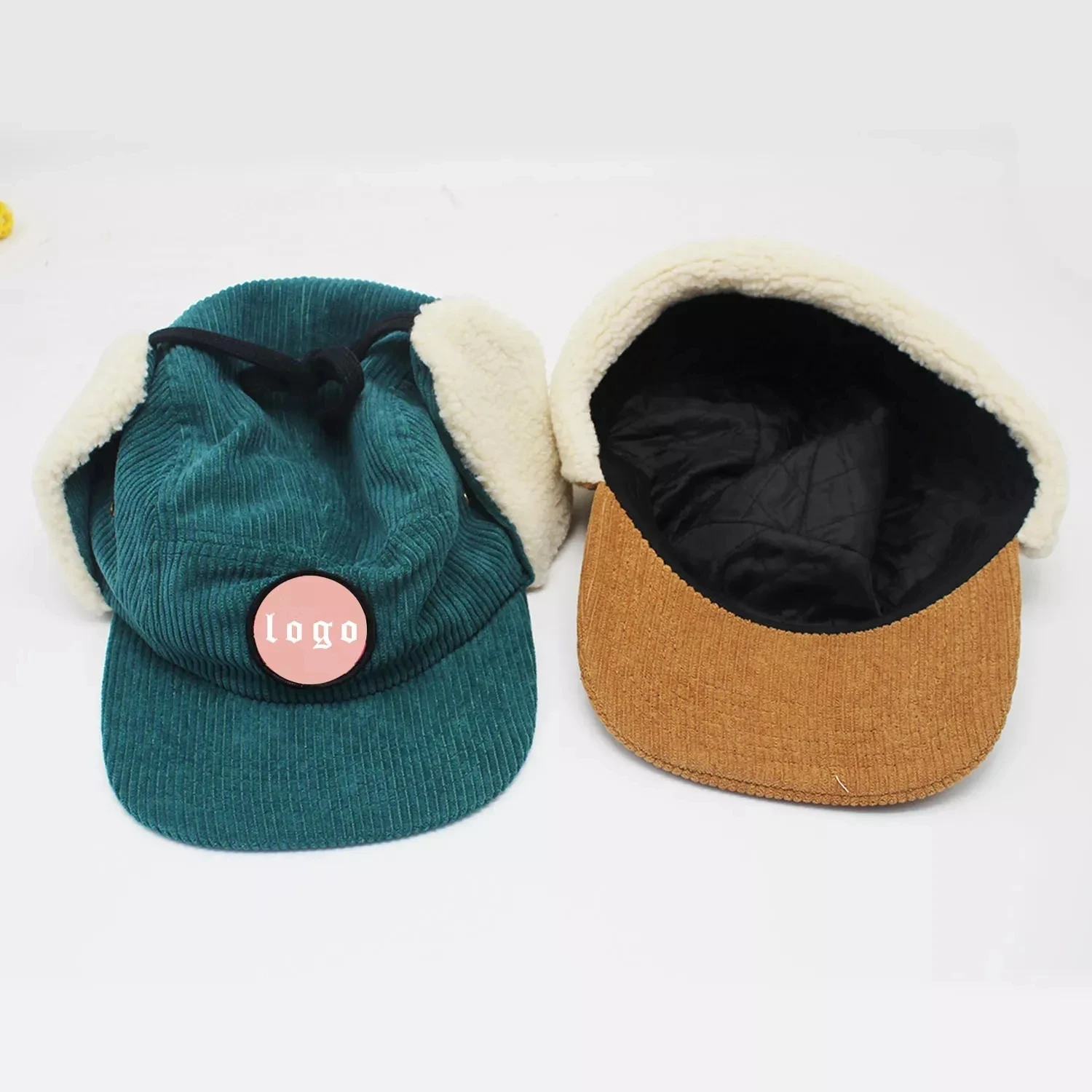 Custom Embroidery Corduroy Lamb Earflap  Winter Hats and Camping Hats Flat Brim Snapback Hat Wholesale