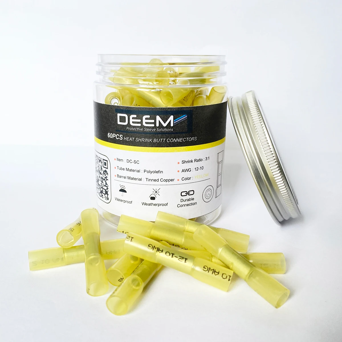 DEEM 60PCS Waterproof Yellow Heat shrink terminal wire butt connector kits AWG 12-10