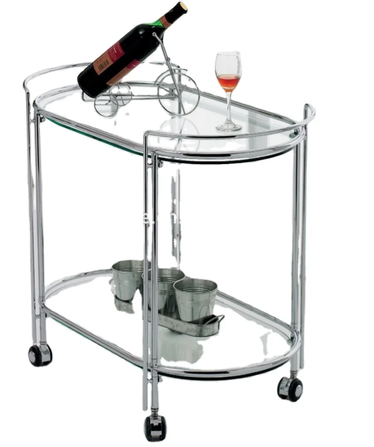 
Modern living room hotel restaurant wine food trolley cart furniture chrome steel frame tempered glass oval tea trolley 