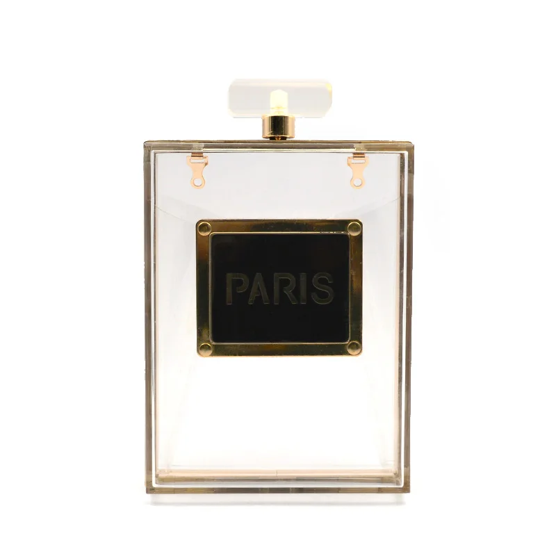 
acrylic clutch bag box Hot sell perfume Paris bottle clutch bags clear acrylic evening banquet handbags 