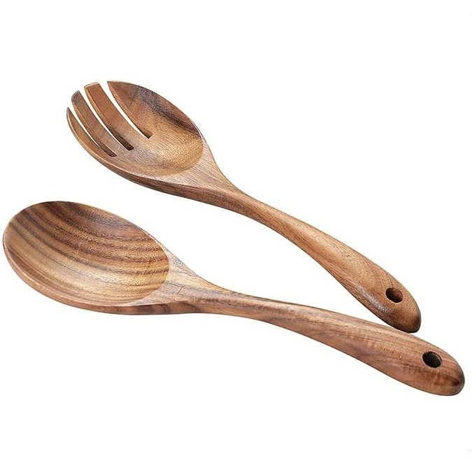 10 inches Acacia Salad Servers wooden Salad Spoon and Fork -Wooden Utensils for Serving Salad 2 Pieces