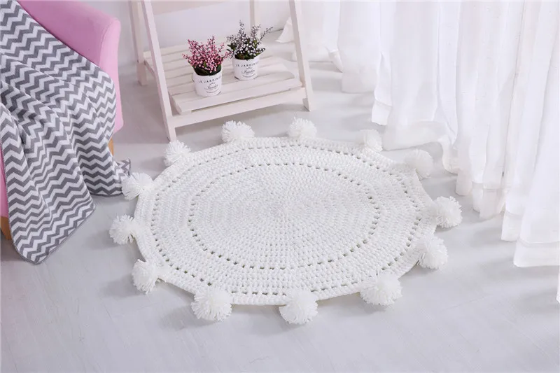  Hollow-out Pompom Kid Room Decor Rug Iceland Yarn Chunky Knit Hand Crochet Home Mat Thick Soft Diameter 80CM Picnic