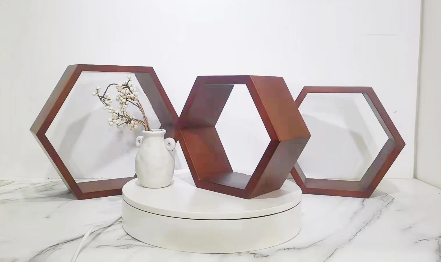 3PCS set  unique  Hexagonal  shape Decorative  Hanging Wall Mounted wooden storage shelf