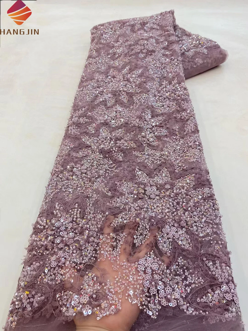 Lilac 3D Embroidery Tulle Lace Fabric Mesh With Sequins Hand Beaded Lace Fabric Luxury For Wedding Bridal Dress