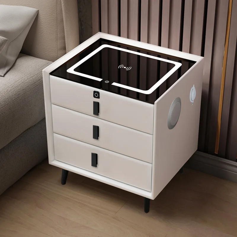 Modern light luxury smart bedside table solid wood three drawer bedside cabinet multifunctional bedroom locker