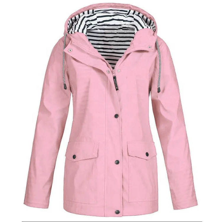 Women Lightweight Waterproof Outdoor Hooded Rain Jacket Plus Size Zipper Raincoat