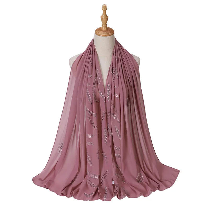 High Quality Chiffon Hijab Scarf Islamic Muslim Malaysia Indonesia Solid Color Rhinestone Chiffon Hijab Scarf