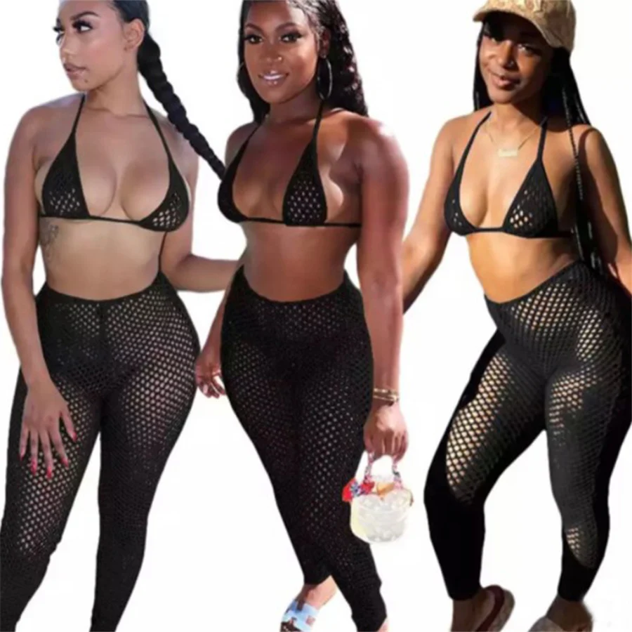 
Nibber K21S01544 Trend Hole Halter Bikini Top Leggings Beachwear 2021Sexy Gridding Cloth 2 Piece Set Women Pants 