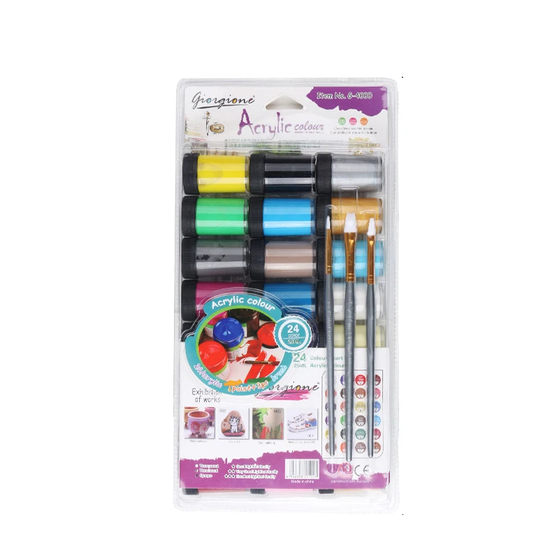 High Quality 25ml Plastic Bottle Acrylic Leather Paint for Canvas 24 Colors Acrylic Paint Kit With Free Nylon Hair Paintbrushes