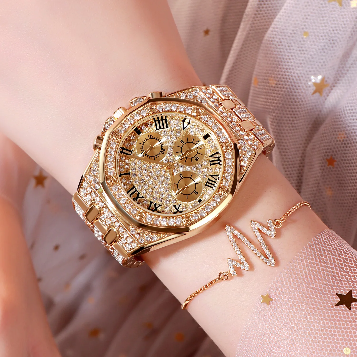 BW 8236 European and American hot sale high-end large dial full Diamond Sky star three-eye set diamond waterproof quartz watch