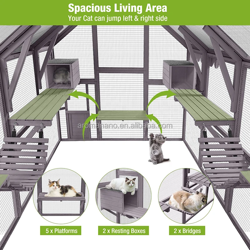 Large Cat Run Wooden Cat Houses Outdoor Enclosure, Catio Cat Cage Kitten Condo-Backyard Run Cage for Pets, Weather Proof Cover