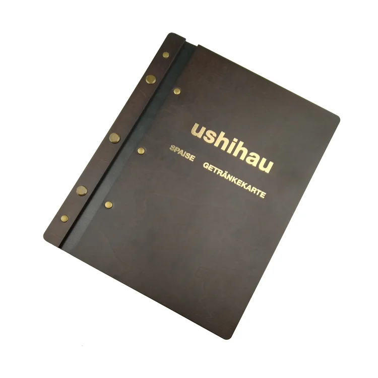Customized Luxury Leather Strap Bamboo Wooden Cover Notebook Menu File Folder for Restaurant Hotel Wine Bar