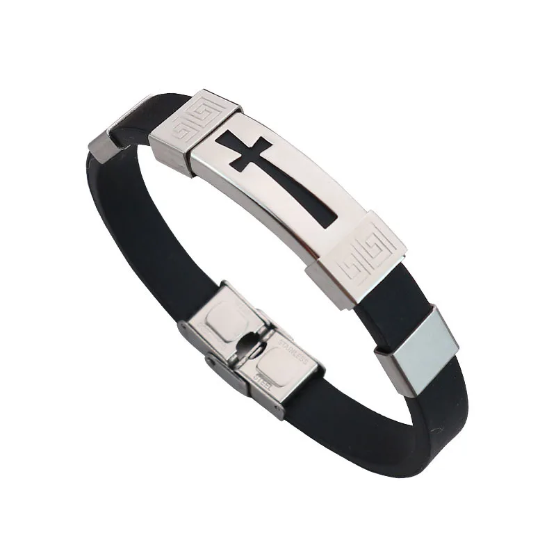 New Wholesale Stainless Steel Plate Christian Men Silicone Cross Bracelet For Son Father Grandpa Gift