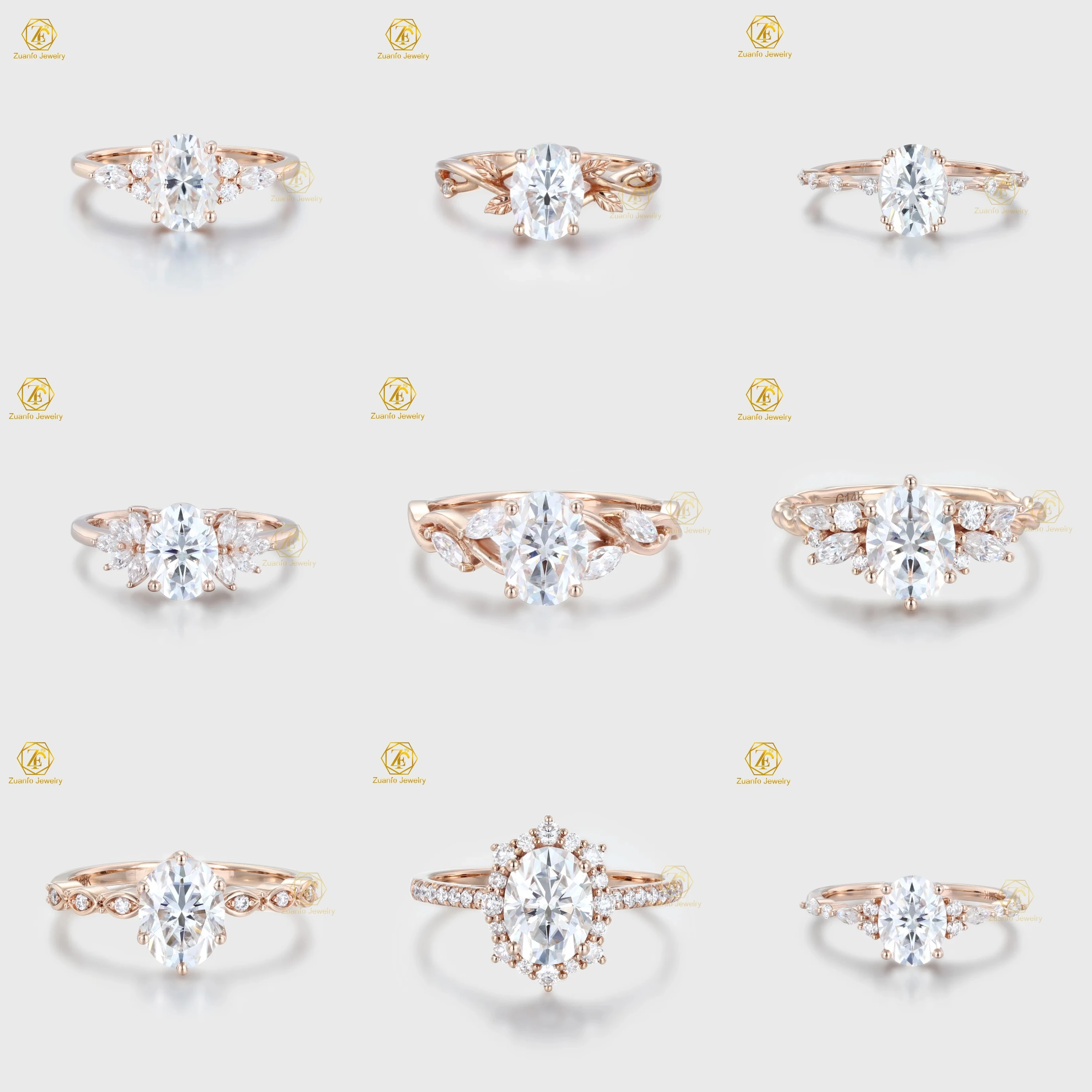 ZUANFO 1.5 Carat Oval Moissanite Engagement Ring with 14k Rose Gold High-end Jewelry with White Gold Inlay Unique Designs