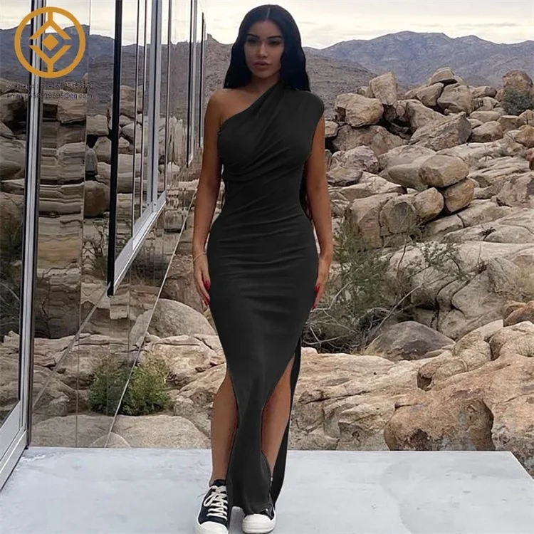 Women One Shoulder Irregular Dress Fashion Summer Solid Color Sleeveless Pleated Dress High Split Beach Slim Long Dress