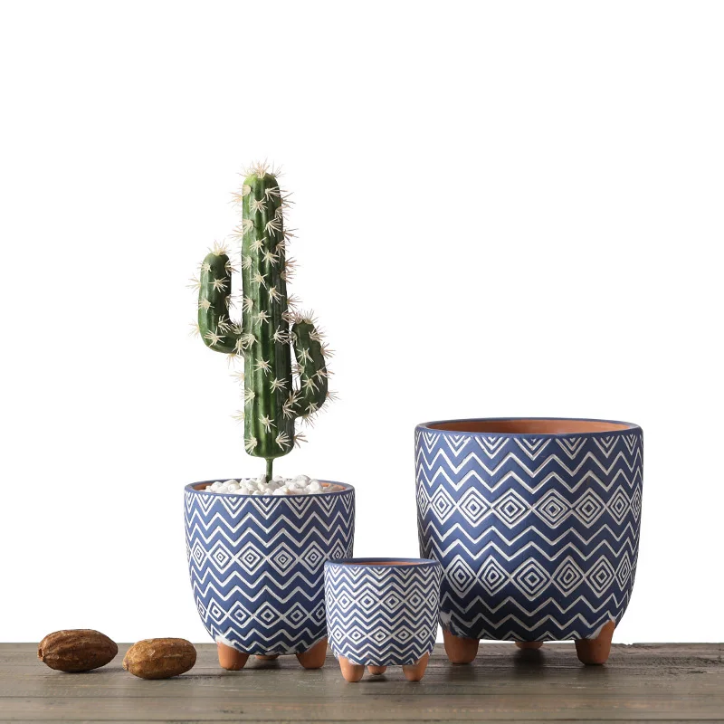 Hot selling mandala antique pattern cylinder multisize clay flower pots ceramic succulent plant pot