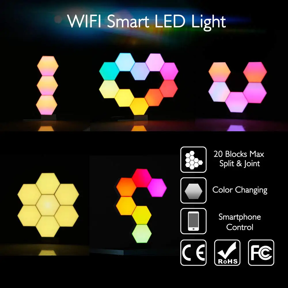 3D RGB Changing Hexlight Modular Touch Panels Wall Lighting Magnetic Honeycomb Quantum Lamp LED Hexagon Decoration Night Light
