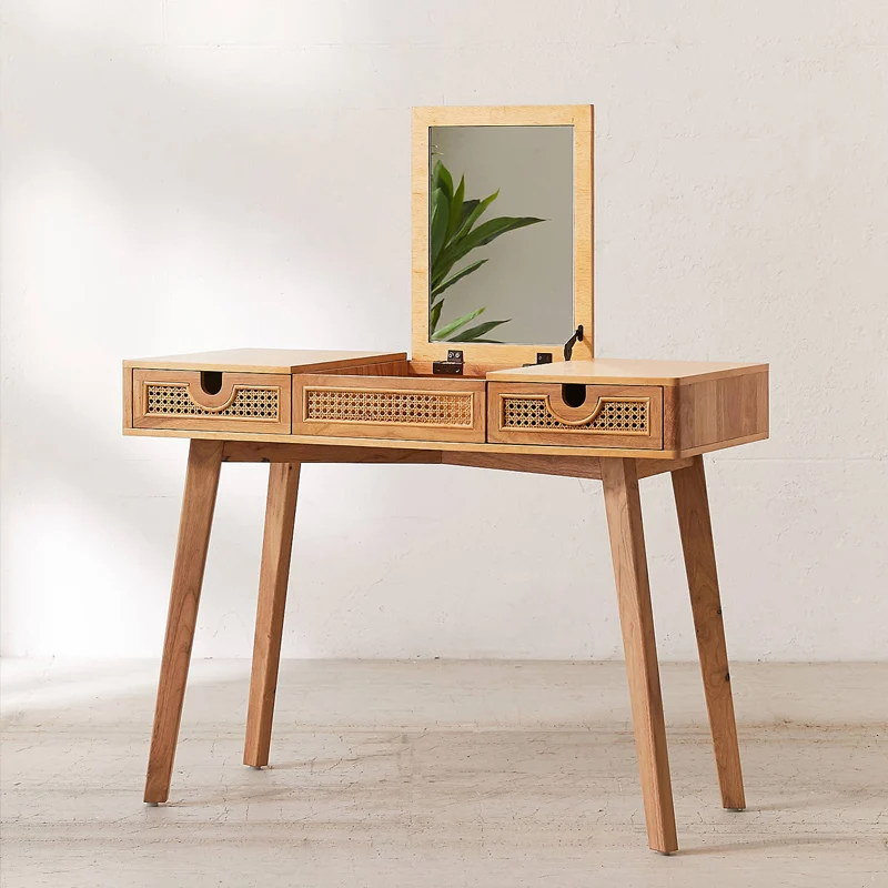 Modern minimalist nordic rattan wooden bedroom mini makeup dresser dressing table with mirror