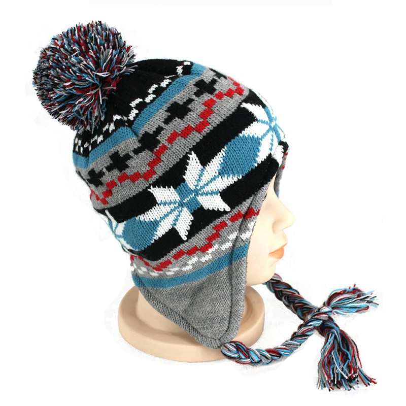 Custom keep warm children winter cute kids earflap jacquard beanie hats pom pom knitted hat