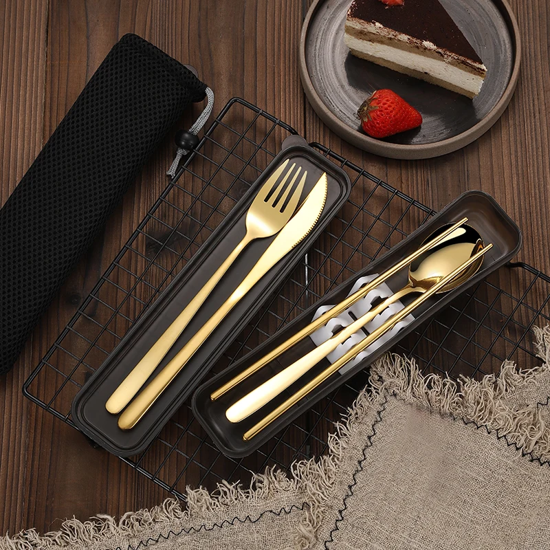 Portable Stainless Steel Cutlery Knife Fork Spoon Chopsticks Straw Travel Camping Flatware Set